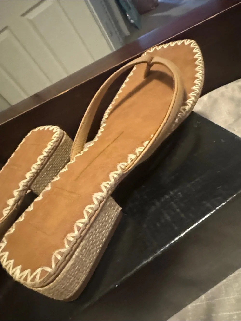 Dolce Vita Tan Suede Zigzag-Trim Thong Sandals